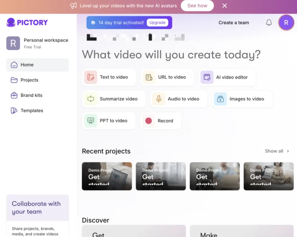 Pictory AI-werkruimte voor het maken van video's