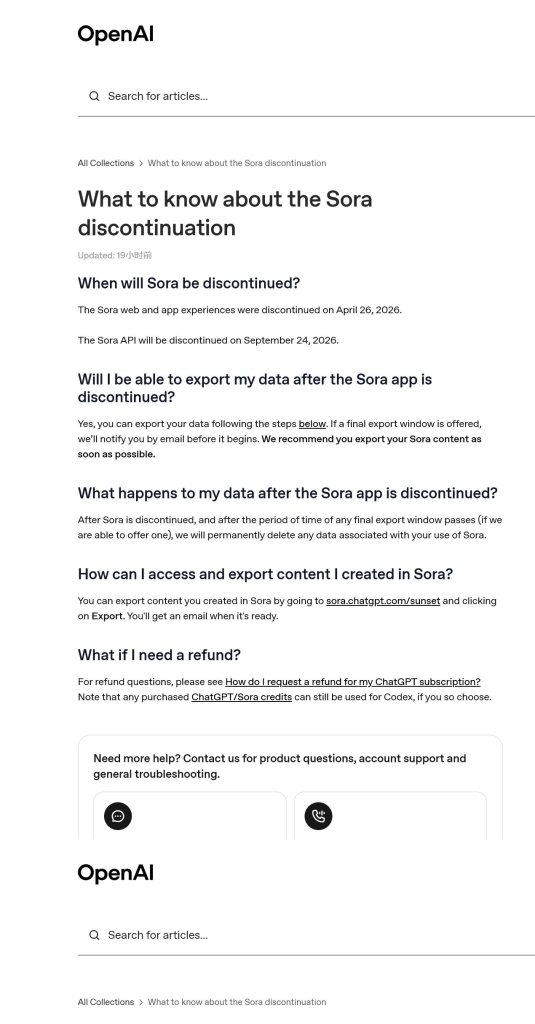 OpenAI Help Center showing separate Sora web app and API discontinuation dates