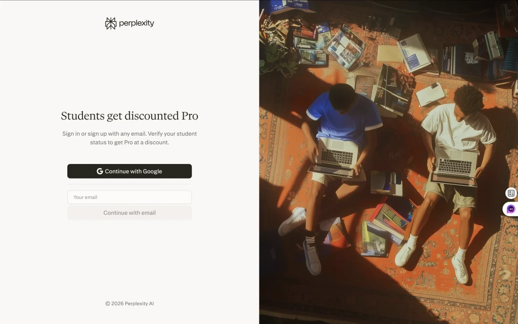 Pagina per gli studenti di Perplexity che mostra l'accesso Pro scontato per gli studenti verificati
