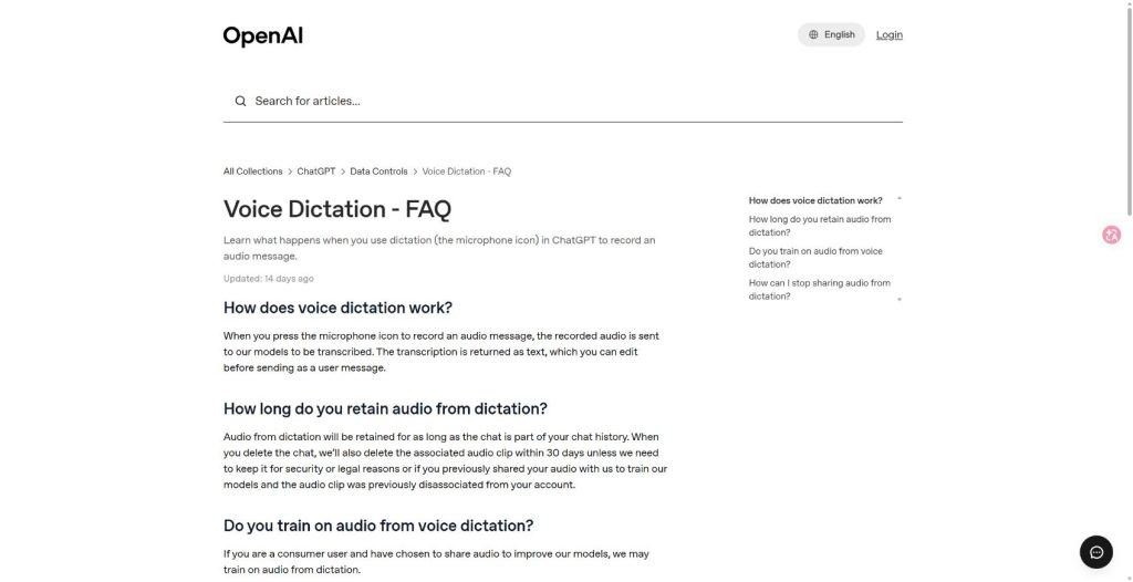 OpenAI Help Center page explaining that ChatGPT Dictation transcribes recorded audio into editable text.