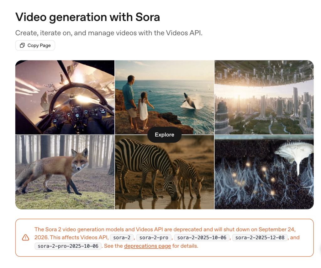 A documentação para desenvolvedores do OpenAI indica que a API de Vídeos e os modelos Sora 2 estão em processo de descontinuação; portanto, os fluxos de trabalho de produção devem incluir uma verificação de acesso no dia da publicação.
