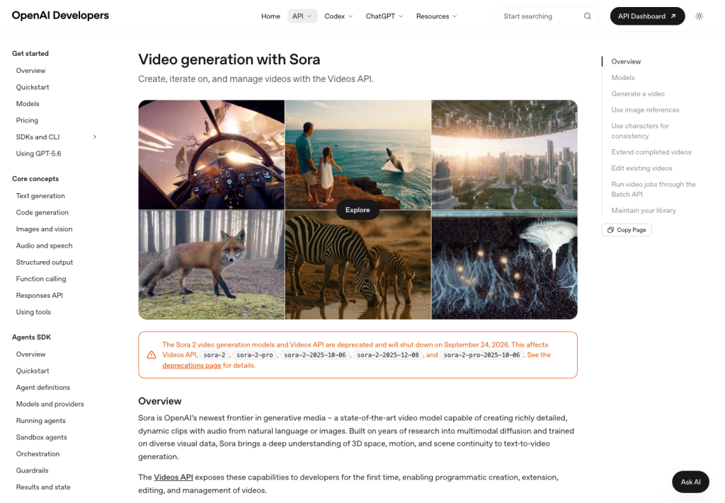 OpenAI's developer documentation shows the Sora video generation page and the Sora 2 / Videos API deprecation notice.