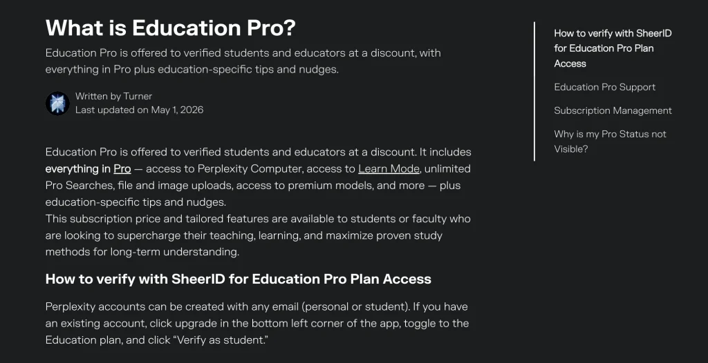 Definizione di “Education Pro” fornita dal Centro assistenza di Perplexity per studenti e docenti verificati