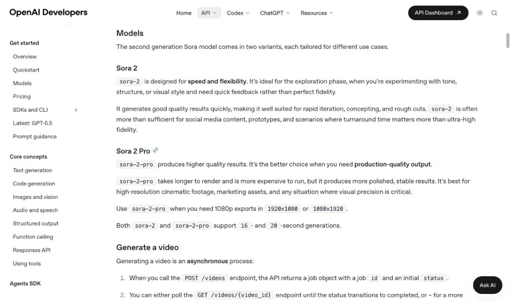 The developer docs frame Sora 2 and Sora 2 Pro as API variants with defined durations and output sizes.