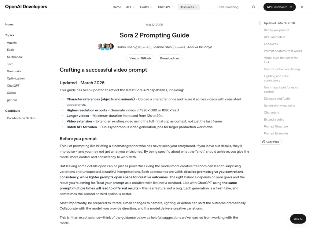 O guia de orientação OpenAI para Sora 2 define a orientação eficaz como um briefing no estilo de um diretor de fotografia, o que constitui a base prática para um fluxo de trabalho de storyboard.