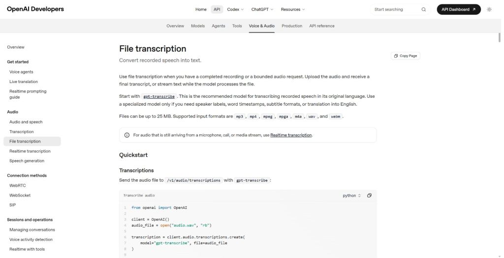 OpenAI API speech-to-text guide showing transcription models and supported input formats.