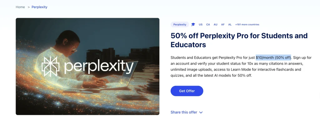 SheerID Perplexity: offerta per studenti e docenti che prevede $10 al mese