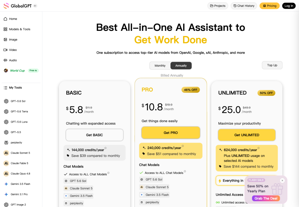 GlobalGPT's pricing page presents annual plans and a multi-model subscription value proposition. Prices and included models can change, so confirm the live pricing page before subscribing.