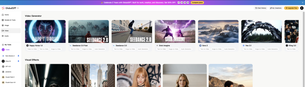 GlobalGPT brings video-model exploration into the same broader AI workspace as chat, research, and image workflows.