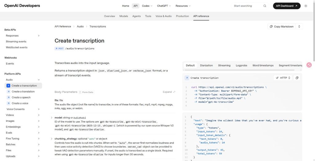 OpenAI API reference page for creating an audio transcription