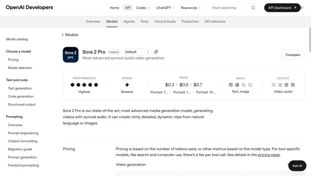 Sora 2 Pro prices rise from $0.30 to $0.70 per second across the listed resolutions.