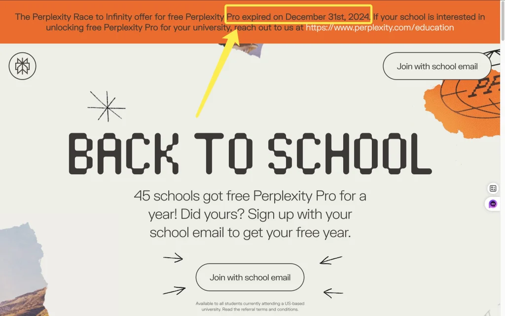 Pagina "Ritorno a scuola" di Perplexity che mostra l'offerta gratuita della versione Pro, scaduta il 31 dicembre 2024