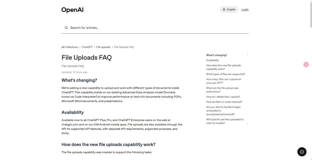 OpenAI Help Center file uploads FAQ showing file upload support and size limits