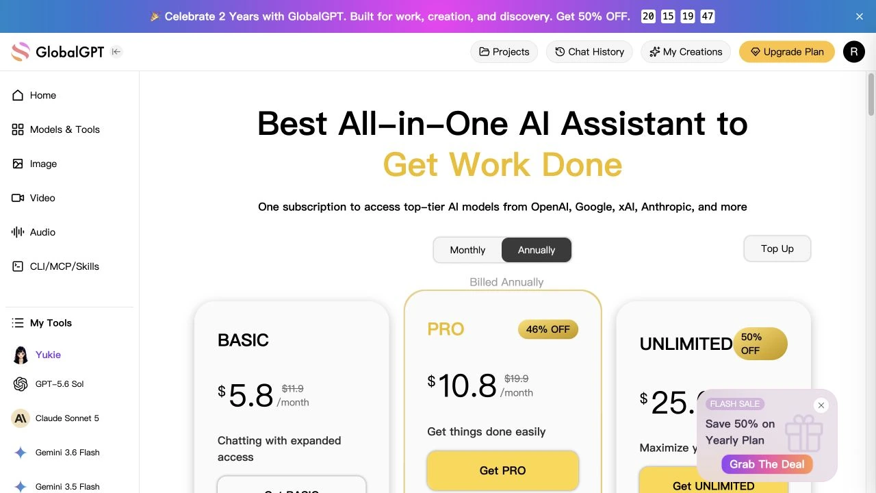 GlobalGPT English pricing page for Basic, Pro, and Unlimited plans