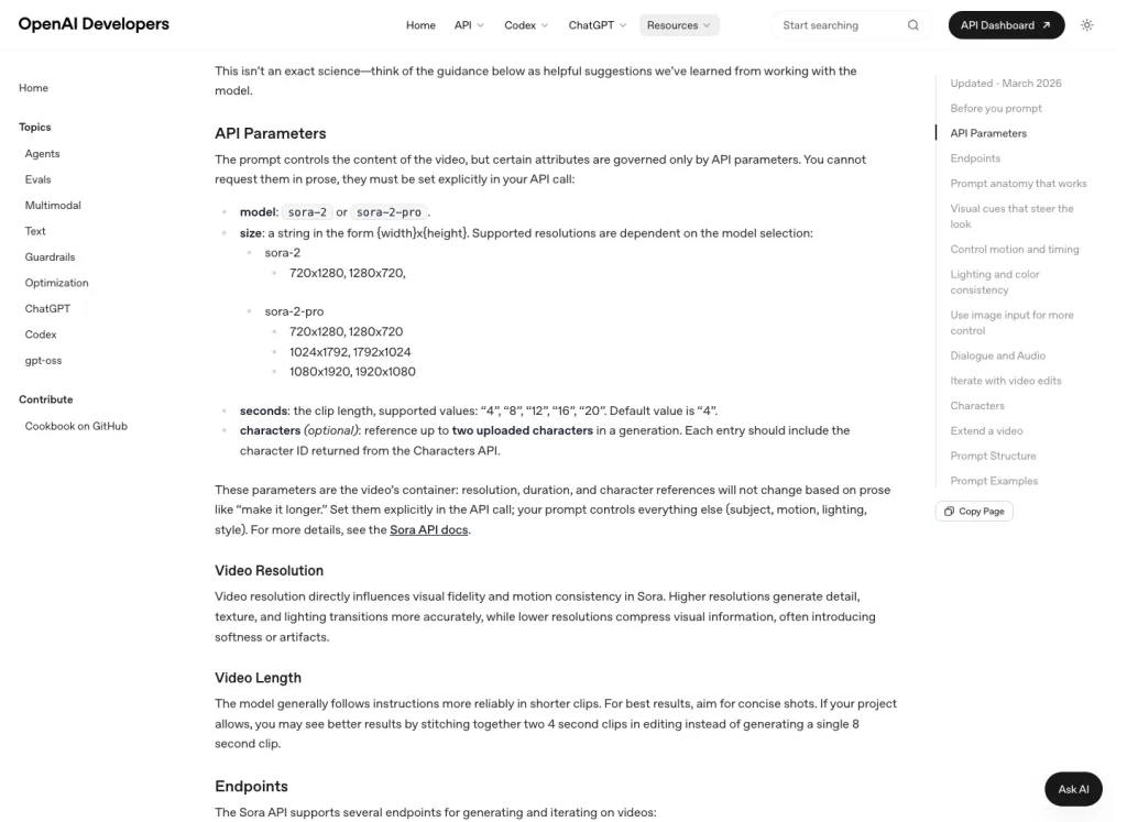 O guia de prompts do OpenAI para o Sora 2 separa o conteúdo do prompt de parâmetros como modelo, tamanho, segundos e caracteres.