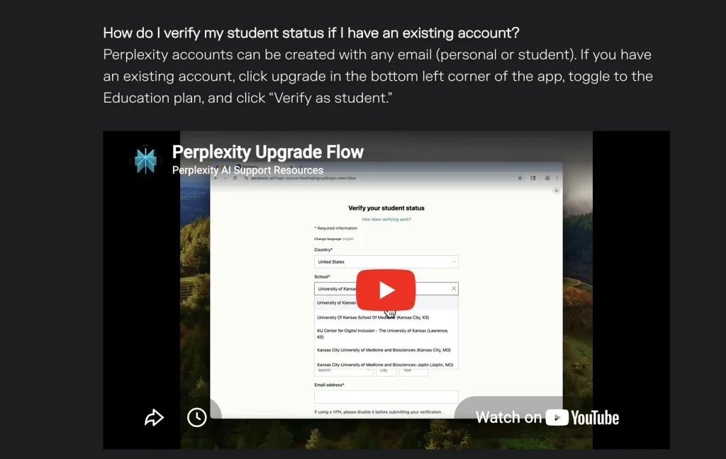 Linee guida del Centro assistenza di Perplexity per la verifica dello status di studente attraverso la procedura di aggiornamento