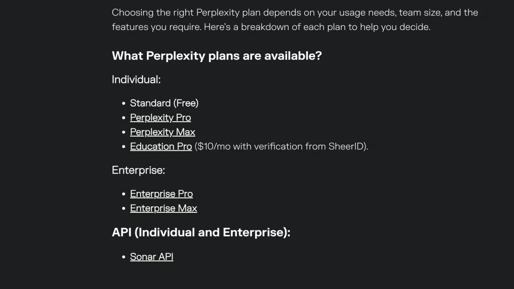 Elenco dei piani Perplexity che include Education Pro a $10 al mese con verifica SheerID