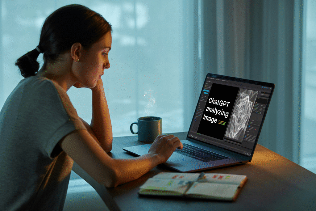 The woman is using ChatGPT to analyze the image.