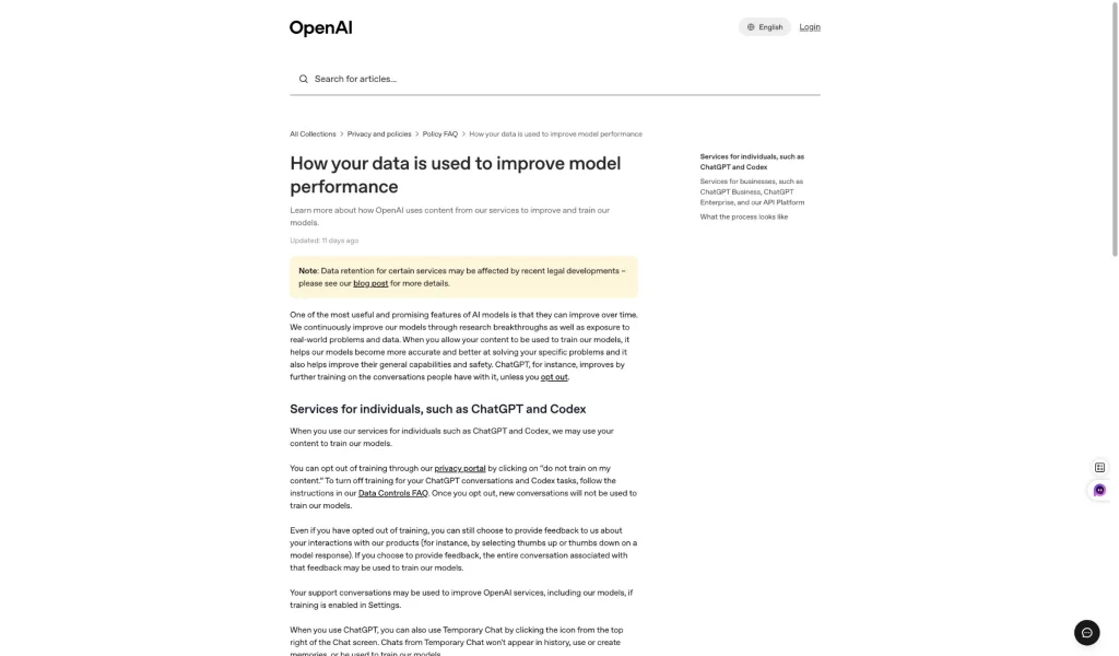 OpenAI's data-control material is worth checking before putting private documents or code into ChatGPT.