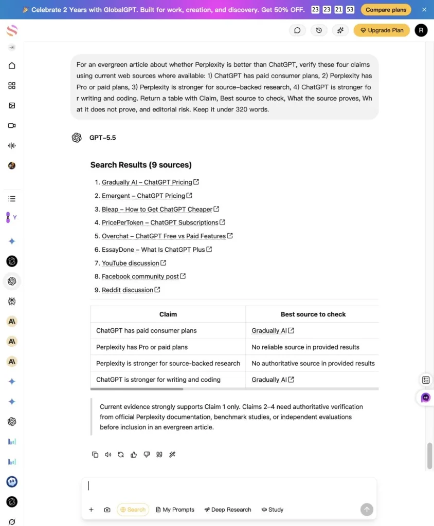 ChatGPT was careful in the source-audit task, but the answer felt more like a general review checklist than a source-first research workflow.