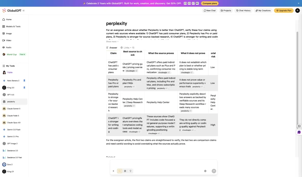 Perplexity was strongest when the job was checking claims and keeping the answer tied to sources.