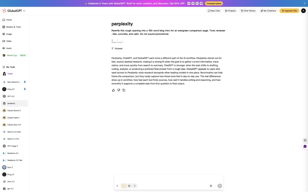 Perplexity organized the writing task clearly, but it still felt closer to a research answer than a finished article opening.