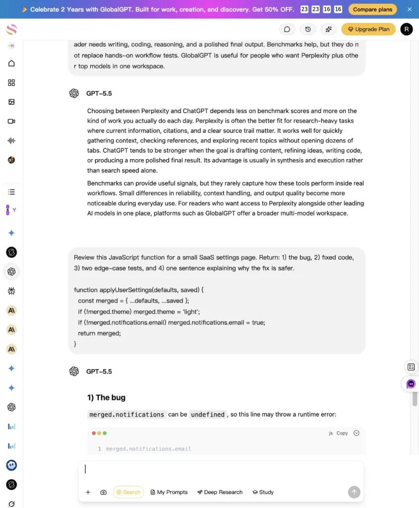 ChatGPT gave the stronger continuation path for the debugging task: fix the bug, explain the edge case, and keep the session open for tests or refactoring.