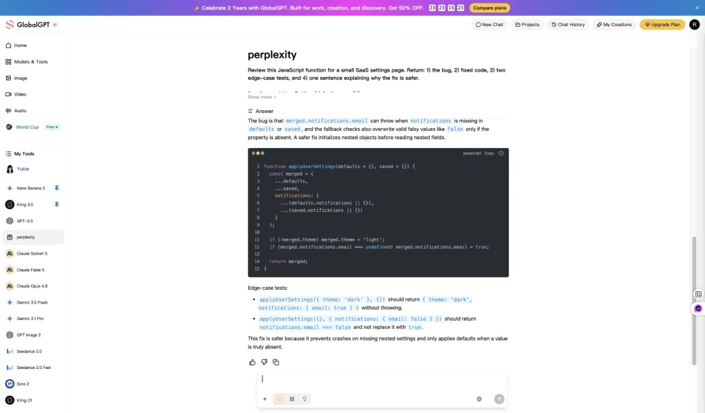 Perplexity handled the small debugging task well, but longer coding sessions still favor ChatGPT and its surrounding coding tools.