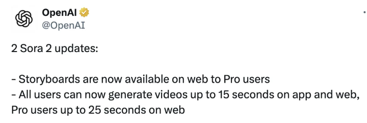 openai twitter：Sora 2 Update: Generate AI Videos Up to 25 Seconds and storyboards