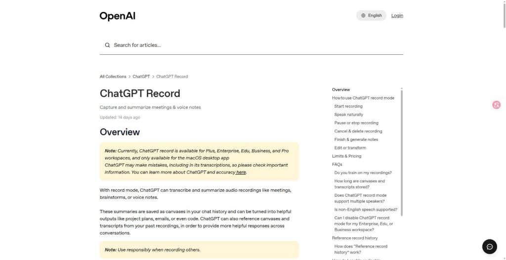 OpenAI Help Center page showing ChatGPT Record can transcribe and summarize audio recordings