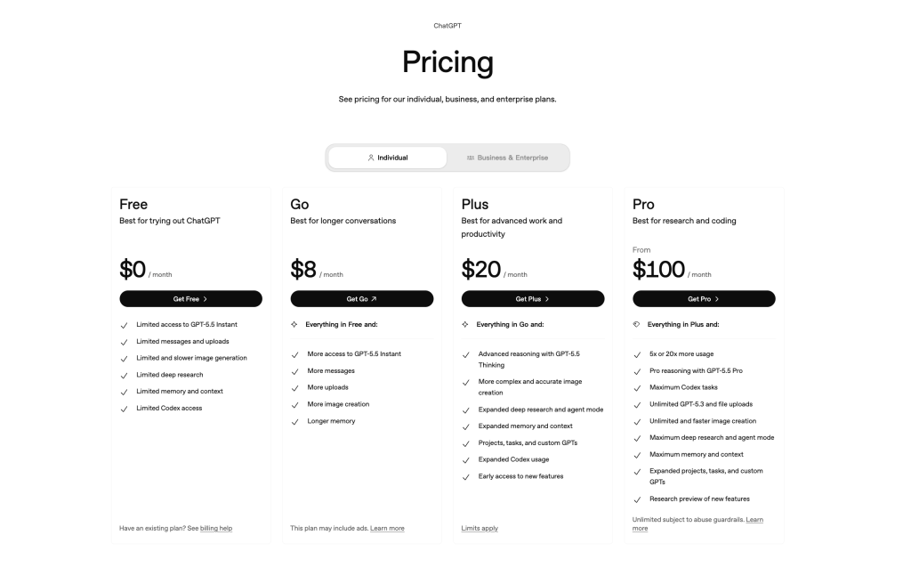 OpenAI ChatGPT pricing page showing Free, Go, Plus, and Pro plans in 2026.