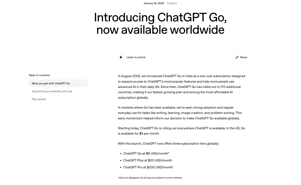 OpenAI announcement showing ChatGPT Go available worldwide with U.S. pricing at $8 per month.