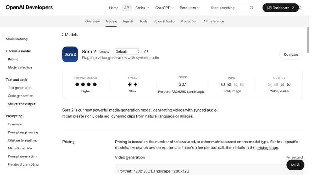 OpenAI lists Sora 2 as Legacy and prices 720p video generation at $0.10 per second.