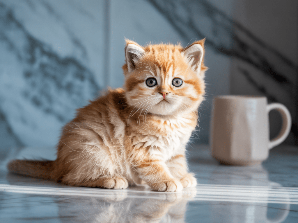 Gatinho laranja fotorrealista ao lado de uma xícara branca, sob a suave luz que entra pela janela