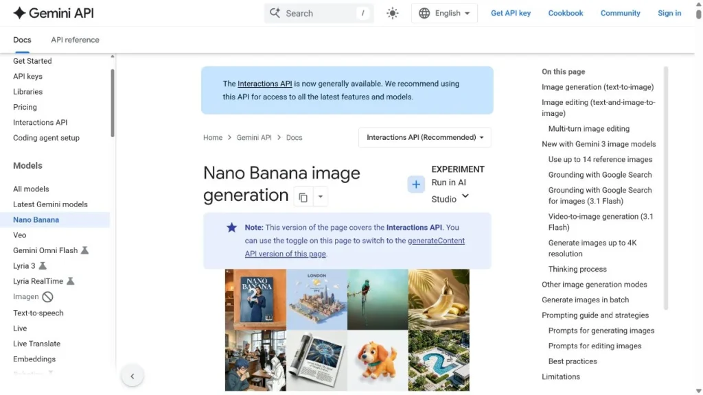 Halaman dokumentasi API Google Gemini untuk pembuatan gambar Nano Banana