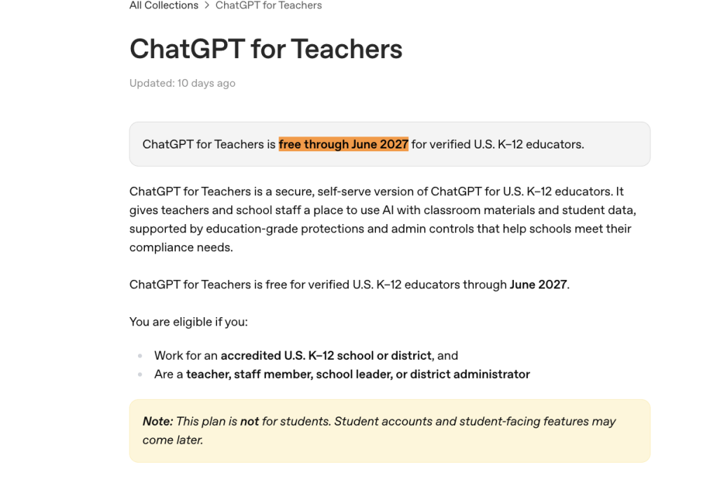 OpenAI Help Center page showing ChatGPT for Teachers is free through June 2027 for verified U.S. K-12 educators.