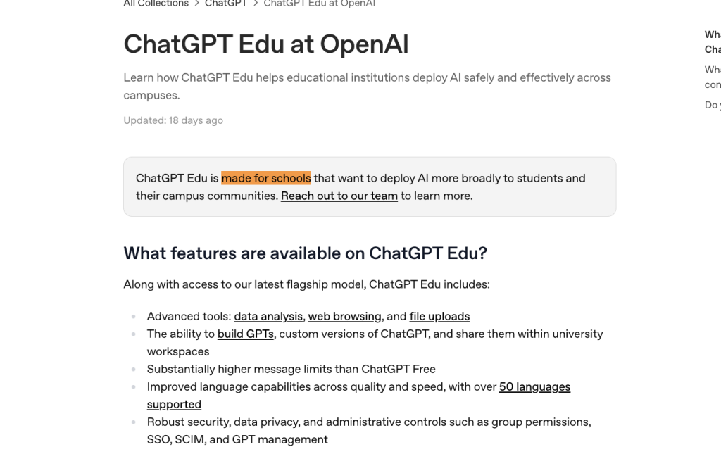 OpenAI Help Center page explaining ChatGPT Edu for schools and campus communities.