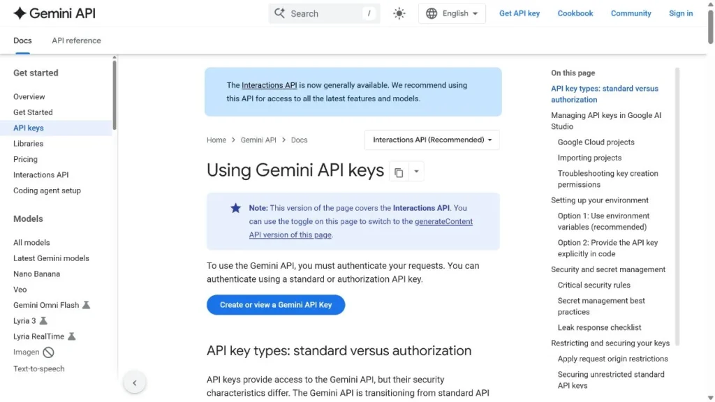 Halaman dokumentasi kunci API Google Gemini yang dilengkapi dengan tombol "Buat atau lihat Kunci API Gemini"