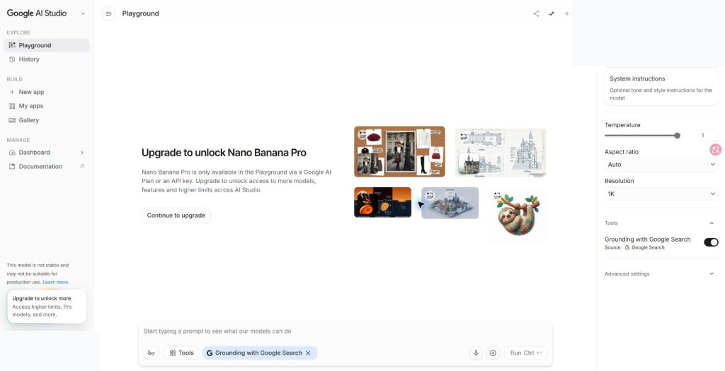 Google AI Studio Playground dengan Nano Banana Pro yang dipilih sebagai gemini-3-pro-image