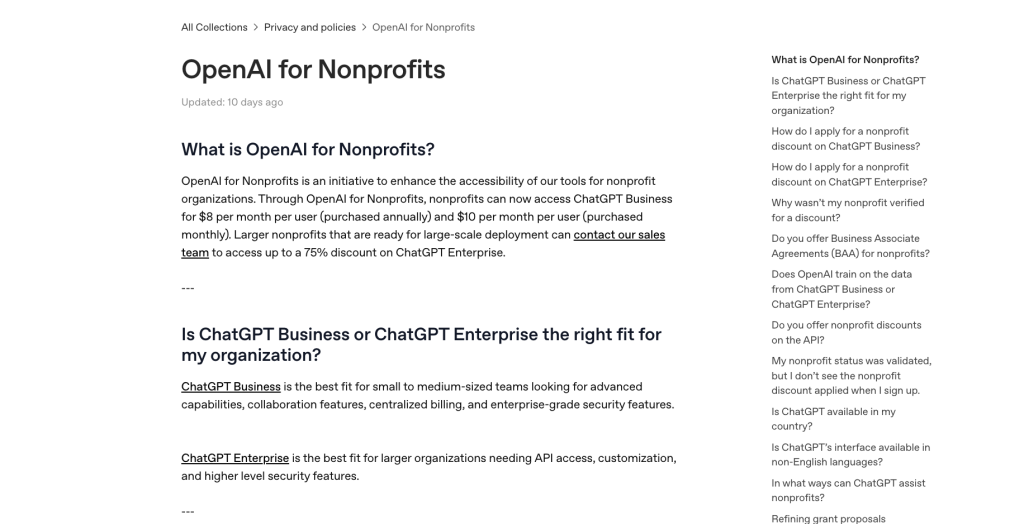 OpenAI for Nonprofits page showing discounted ChatGPT Business and Enterprise options.