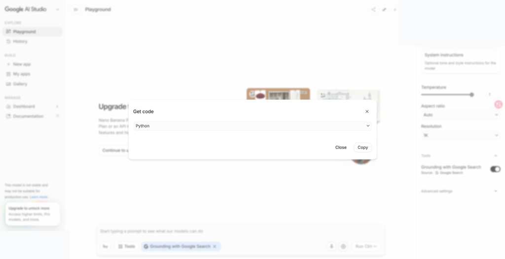Panel "Get code" di Google AI Studio dibuka dari Nano Banana Pro Playground