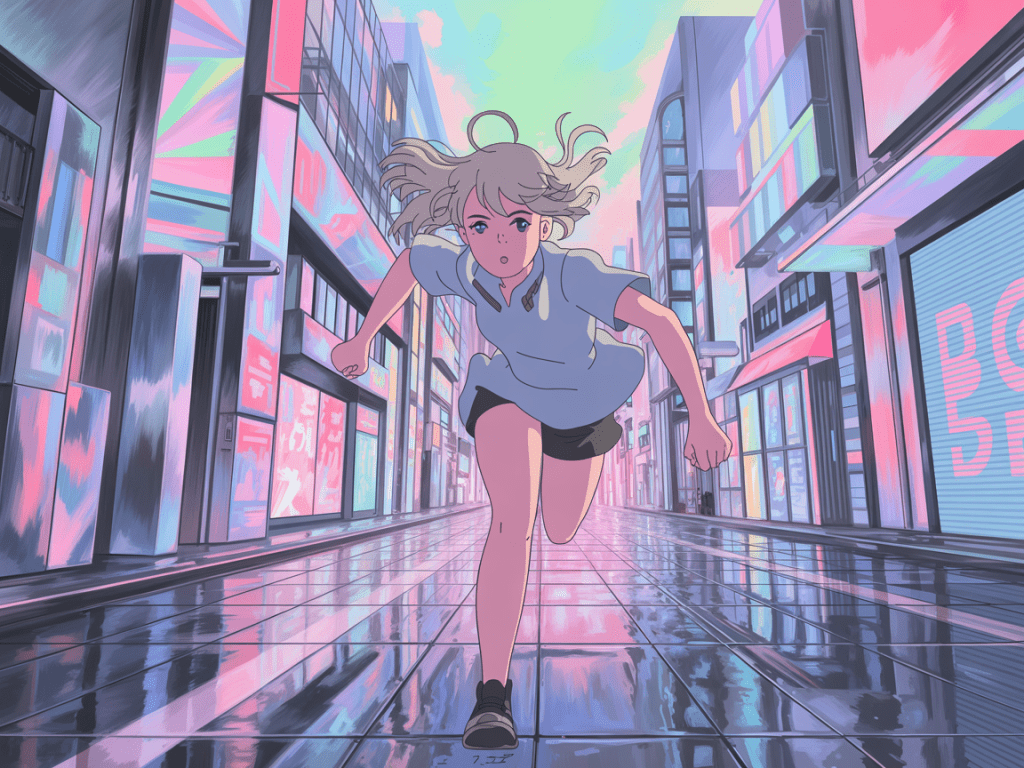 Um corredor de anime em uma rua de uma cidade com tons pastel e neon após a chuva