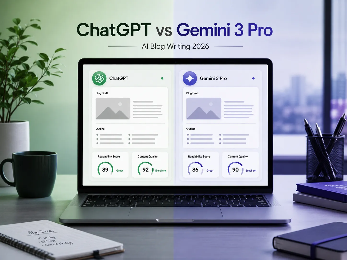 header image for an article titled “ChatGPT vs Gemini 3 Pro: Which AI Writes Better Blogs in 2026?