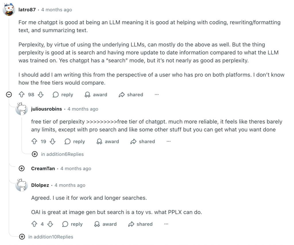 Redditのコメントでは、よく次のような二分法が指摘されています。調査にはPerplexityを、執筆や編集にはChatGPTを使うというものです。.