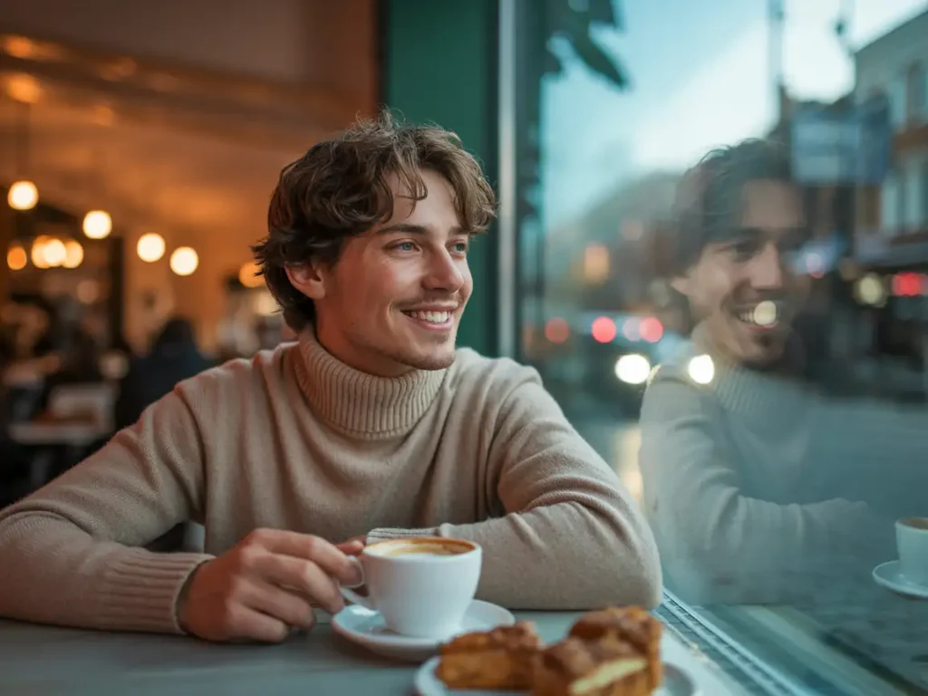 AI cafe portrait with a window reflection used to inspect perspective and ambient light