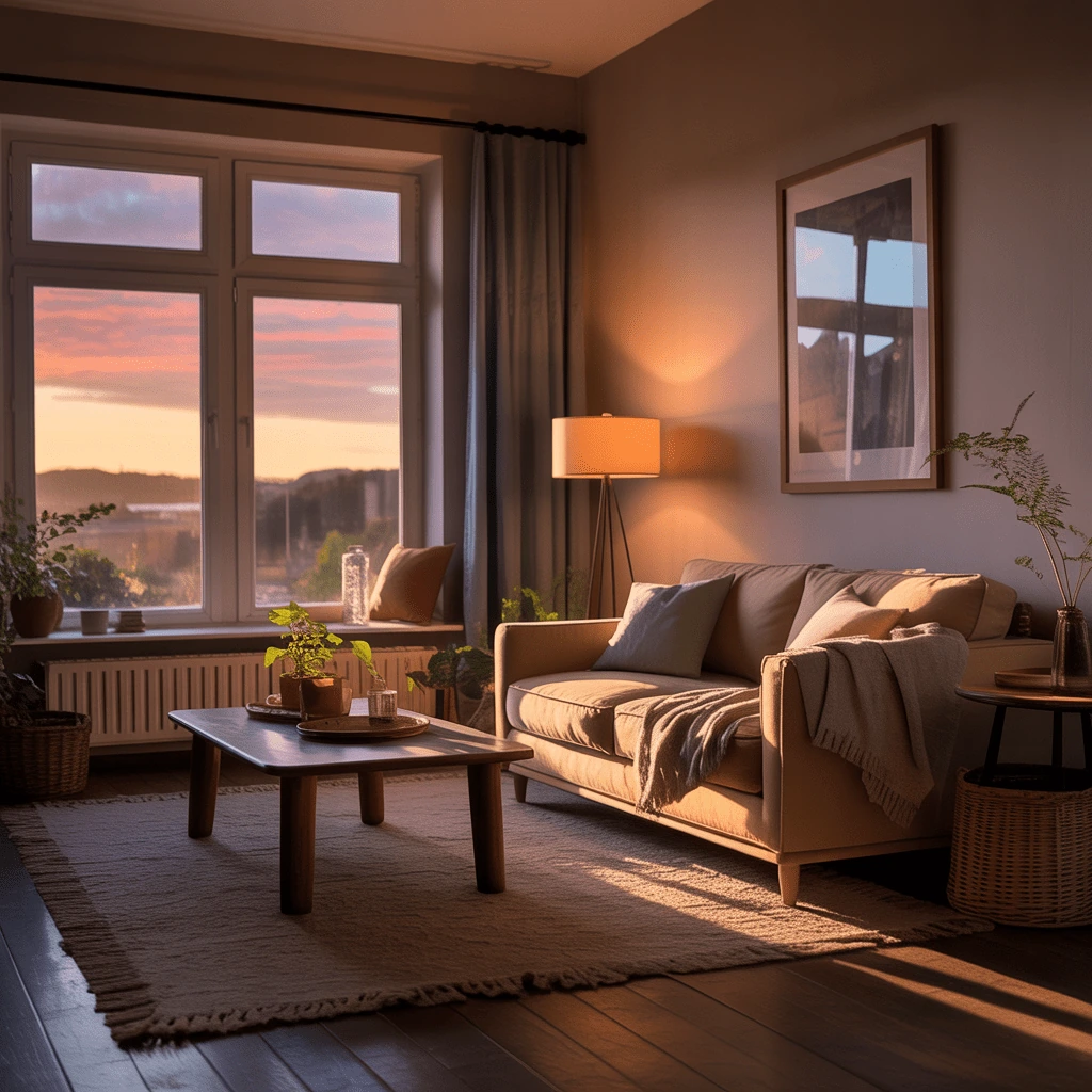 Realistic living room generated from a detailed scene and lighting prompt