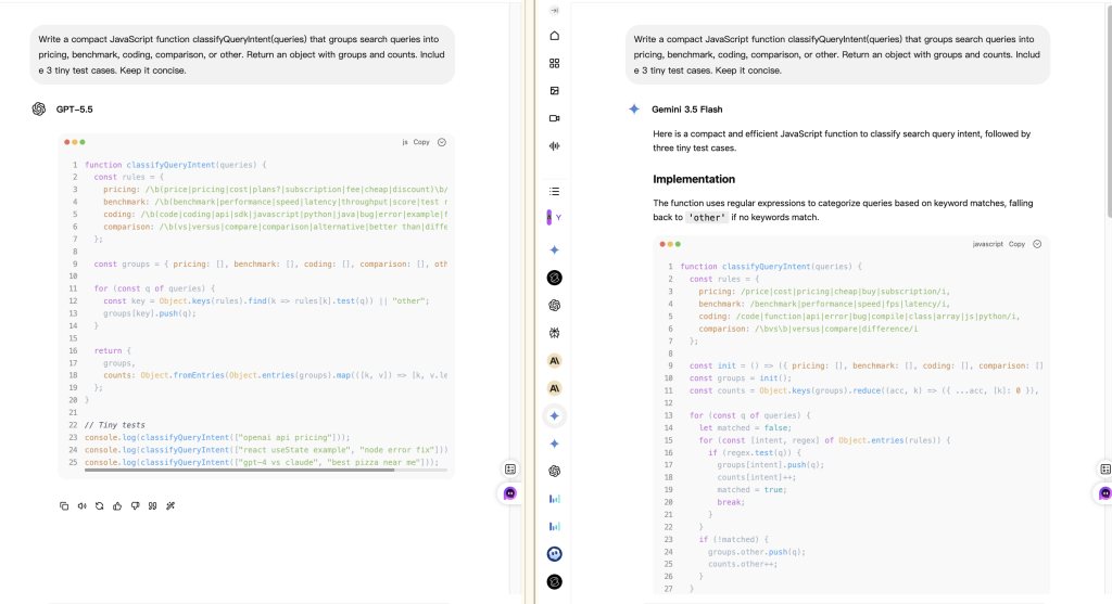 GlobalGPT coding test comparing GPT-5.5 and Gemini 3.5 Flash on a JavaScript query intent classifier