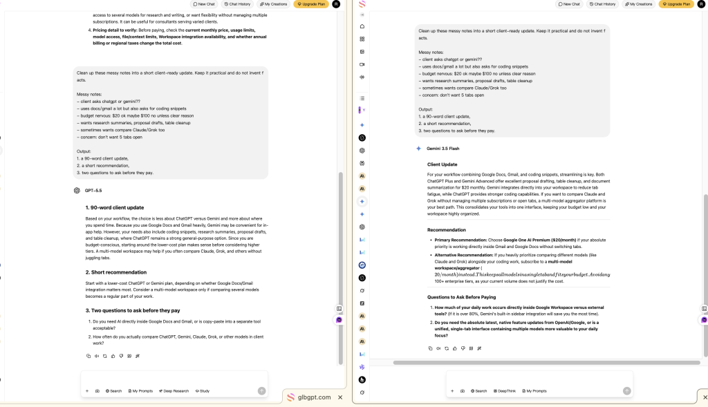 GlobalGPT messy notes cleanup test comparing GPT-5.5 and Gemini 3.5 Flash on client notes