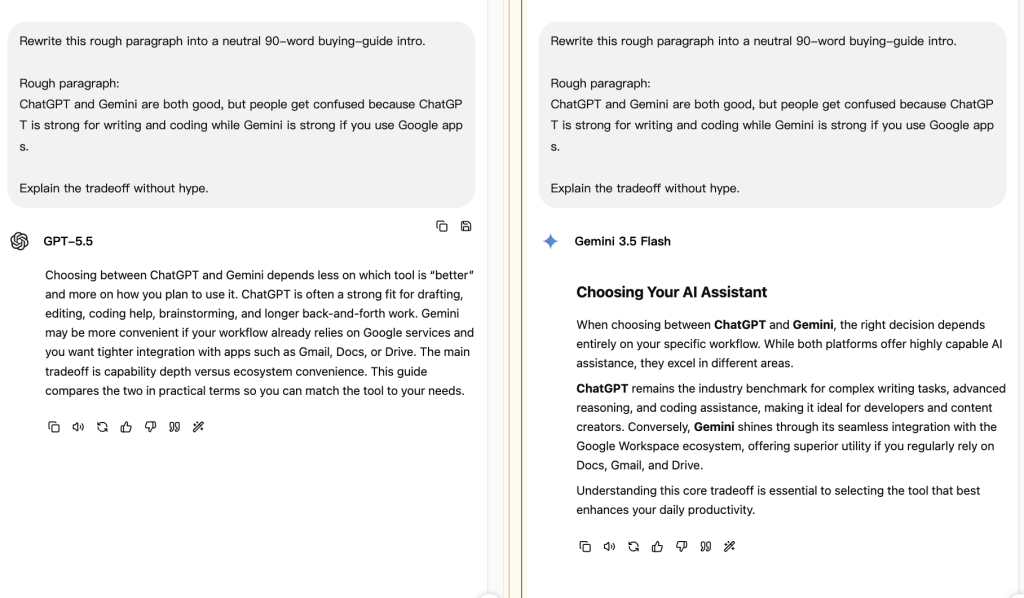 GlobalGPT writing test comparing GPT-5.5 and Gemini 3.5 Flash on a ChatGPT vs Gemini buying-guide intro