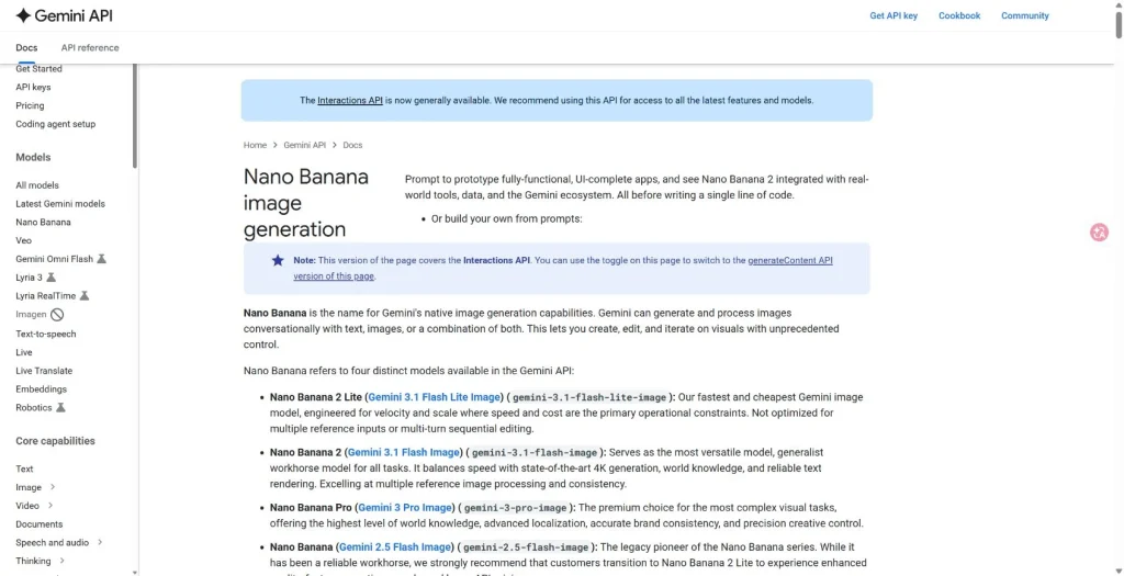 Google Gemini image generation documentation for Nano Banana models